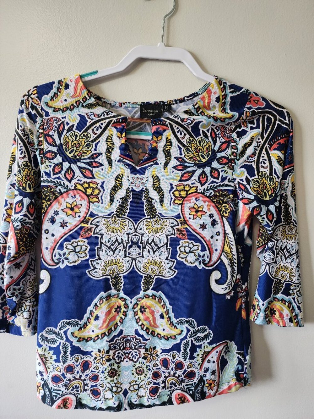 Lavanya Petite Multicolor Paisley 3/4 Sleeve Blouse Navy Size PS